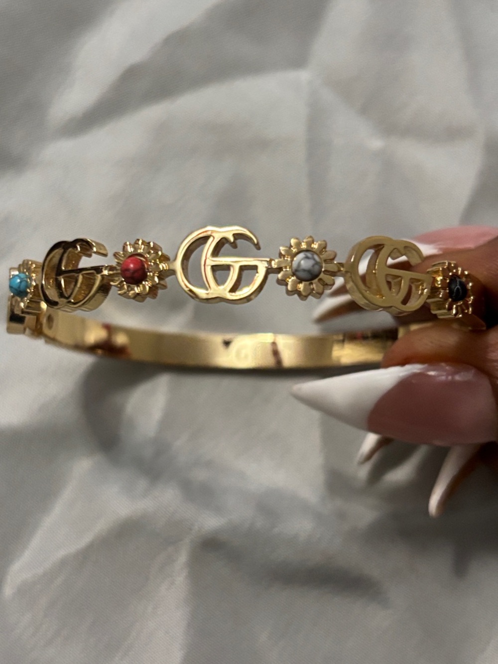 Gucci Gold Floral GG Stone-Accent Bangle with Multicolor Cabochons